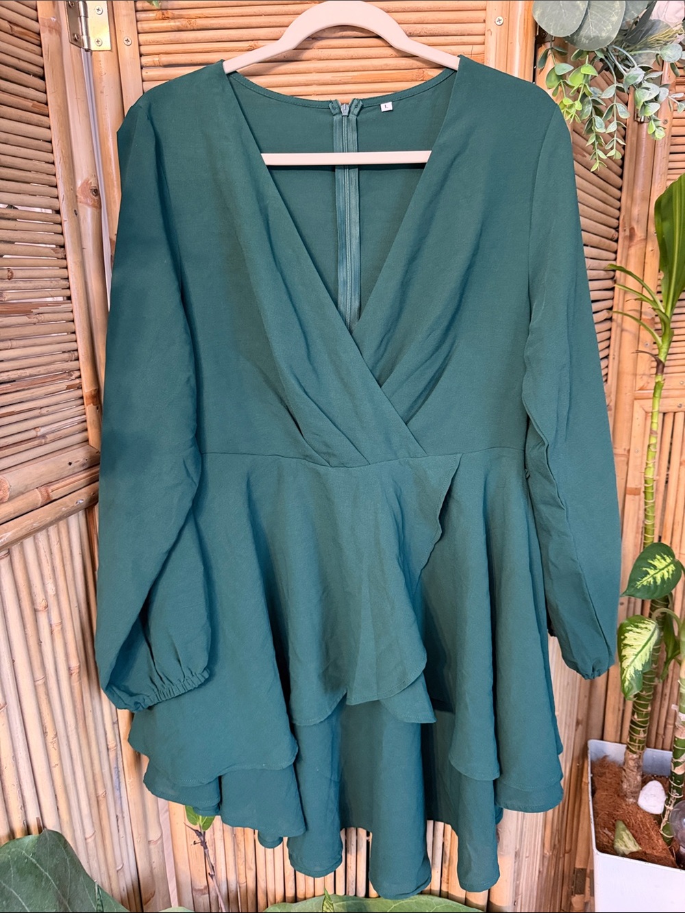 Deep Green Tiered High-Low V-Neck Dress